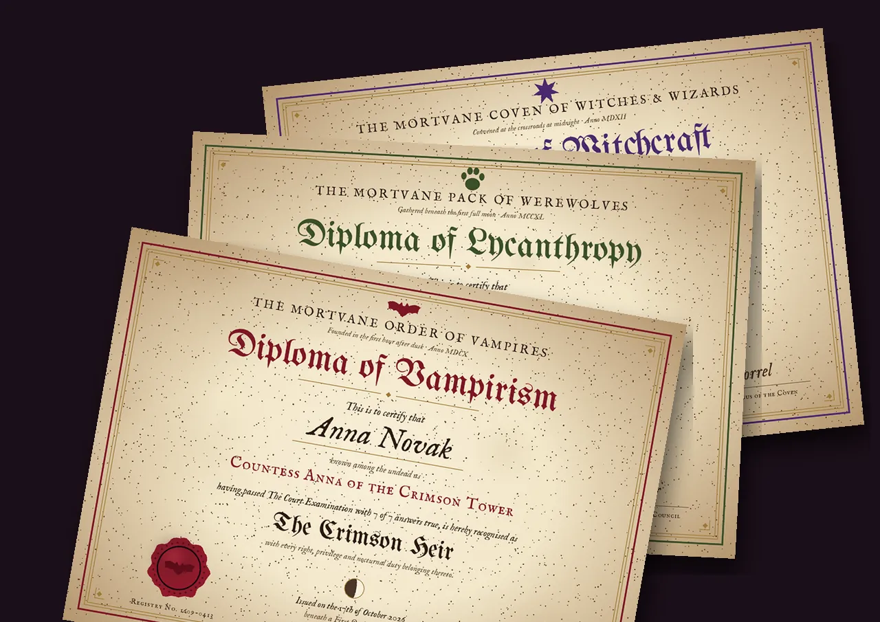 Three sample diplomas: Diploma of Vampirism, Diploma of Lycanthropy and Diploma of Witchcraft