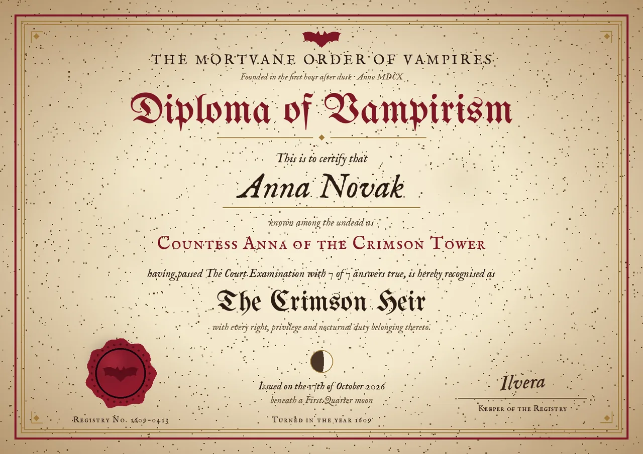 Sample Diploma of Vampirism from the vampire quiz, issued by The Mortvane Order of Vampires to Anna Novak