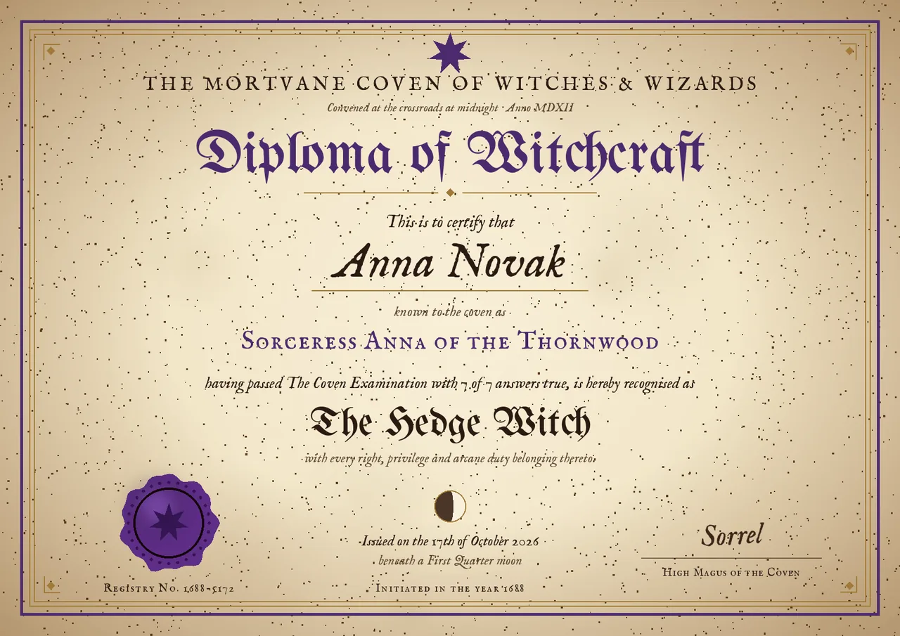 Sample Diploma of Spellcraft from the witch or wizard quiz, issued by The Mortvane Coven of Witches & Wizards to Anna Novak