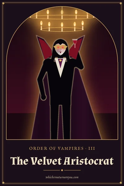 The Velvet Aristocrat personality card: a vampire in a golden masquerade mask raising a glass of red wine under a candle chandelier