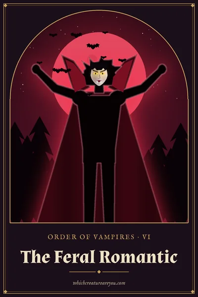 The Feral Romantic personality card: a wild-haired vampire with golden eyes and outstretched arms before a blood-red moon and bats