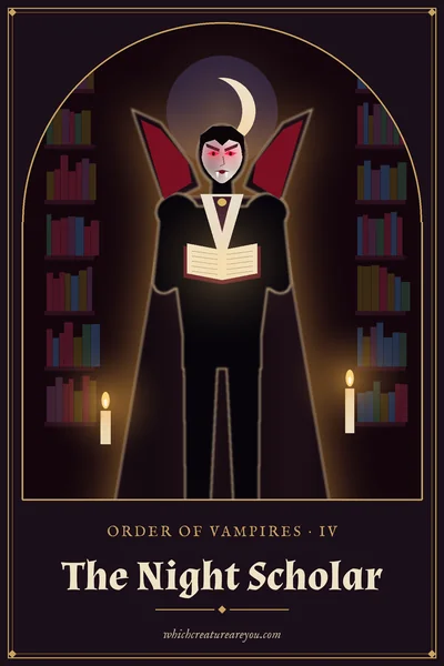 The Night Scholar personality card: a vampire reading a glowing book in a candlelit library under a crescent moon