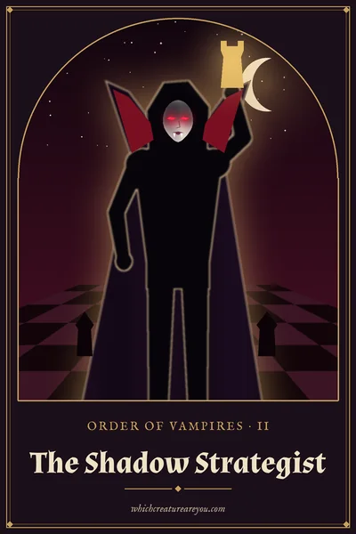 The Shadow Strategist personality card: a hooded vampire with red eyes raising a golden chess rook above a checkerboard floor