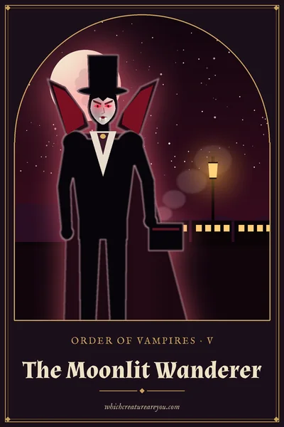 The Moonlit Wanderer personality card: a vampire in a top hat carrying a case at night, with a lamp post and a lit train behind