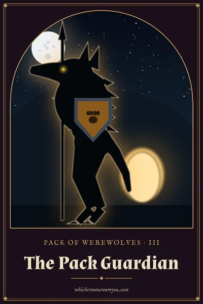 The Pack Guardian personality card: a werewolf with a spear and a paw-print shield guarding a glowing cave
