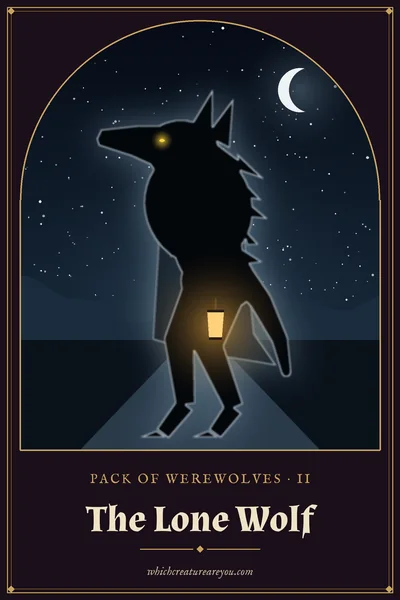 The Lone Wolf personality card: a werewolf in a long coat carrying a lantern along an empty road at night