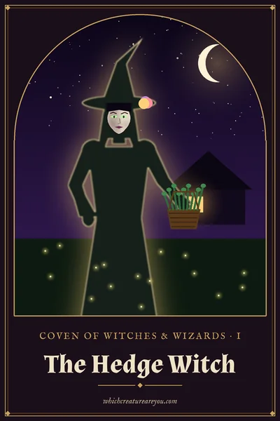 The Hedge Witch personality card: a witch in a pointed hat carrying a basket of herbs beside a cottage with glowing windows