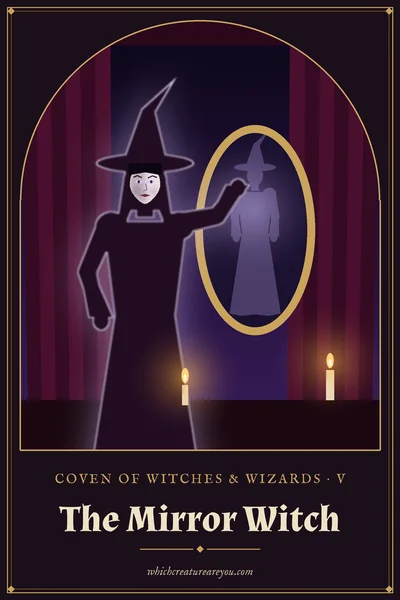The Mirror Witch personality card: a witch in a pointed hat reaching towards a golden mirror between velvet curtains