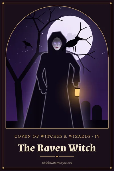The Raven Witch personality card: a hooded witch with a lantern and a raven on her shoulder before a full moon and gravestones